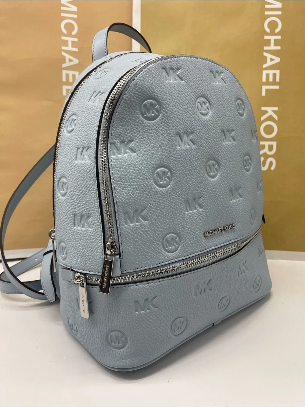 Michael Kors Rhea Medium Zip Logo Debossed Backpack Pale Ocean NWT